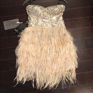 bebe Isis strapless sequins feather dress NWT